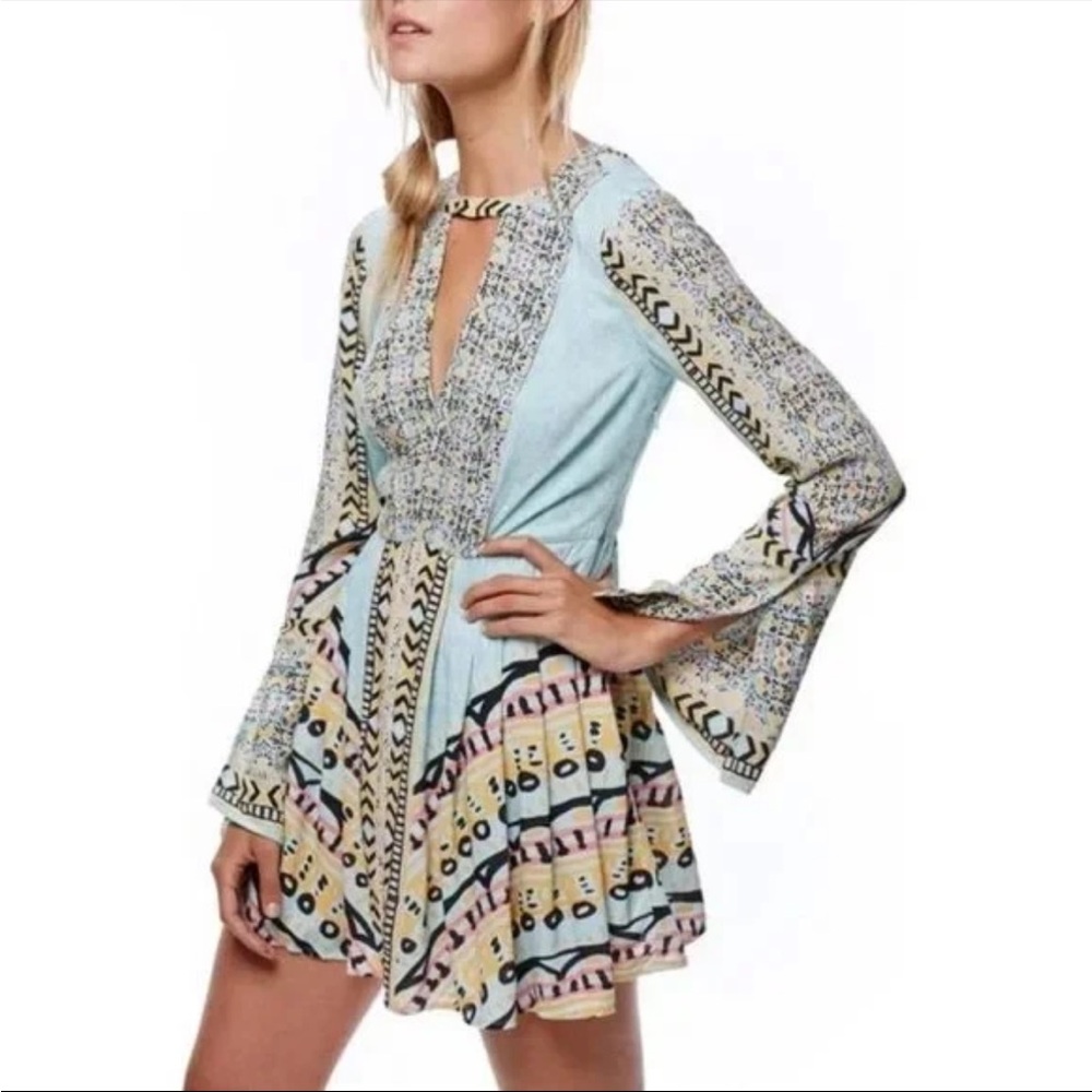 Free People Women's Blue Tegan Border Printed Mini Dress size 6 - Picture 2 of 10